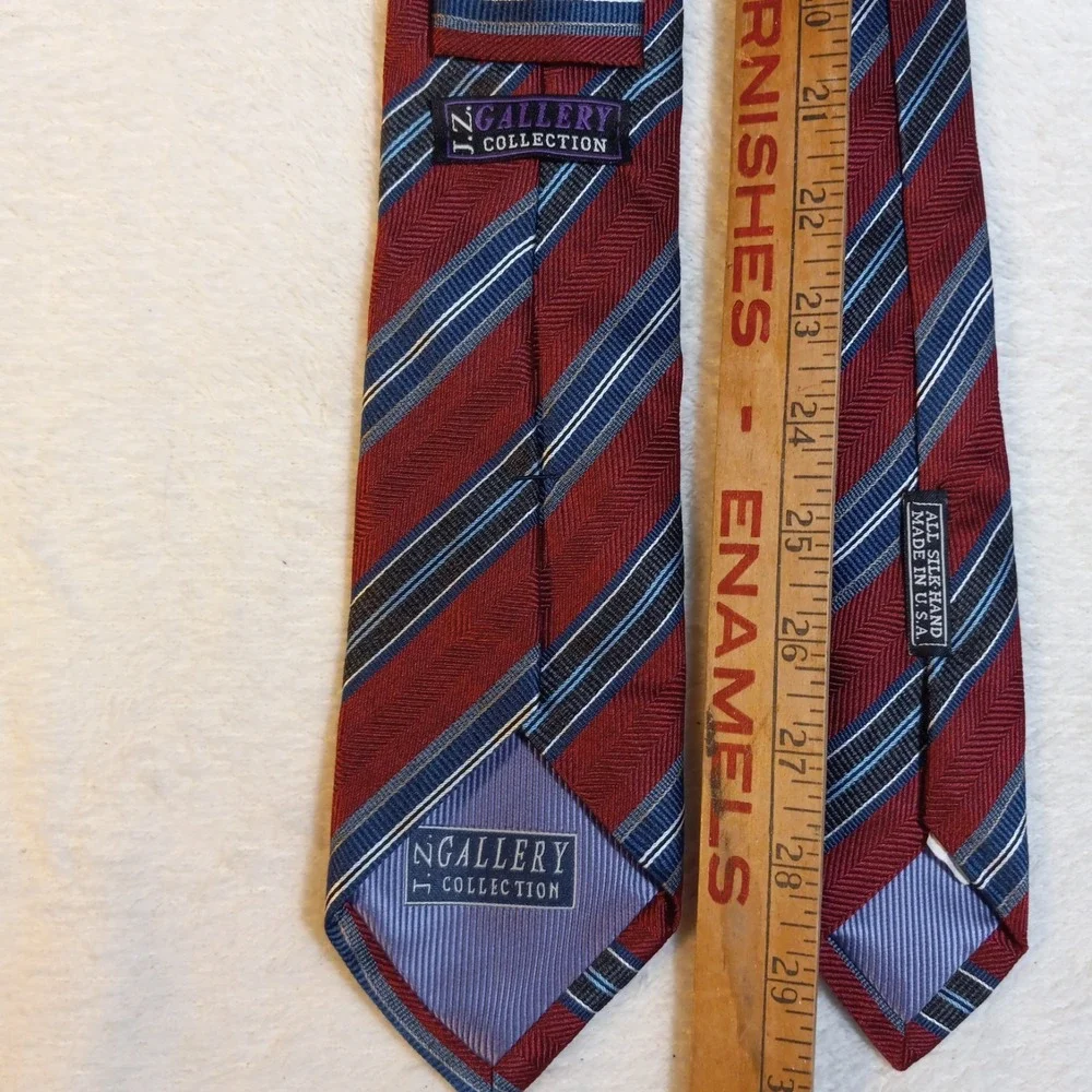 JZ Gallery Collection Striped SILK Tie Red blue grey ALL SILK-HAND MADE IN U.S.A